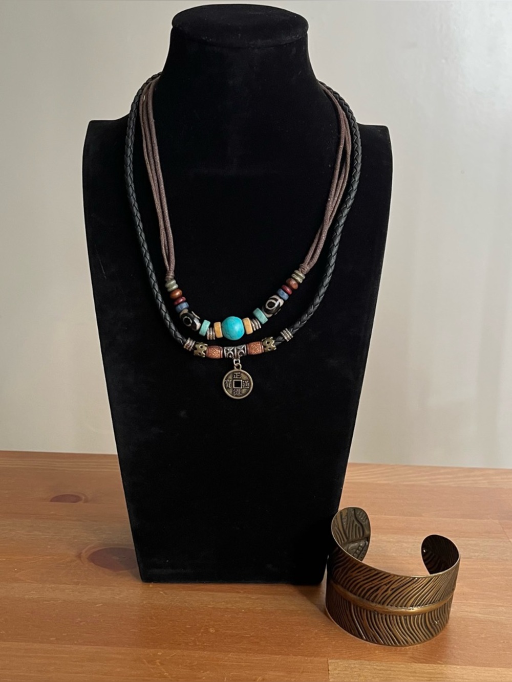 Ancient Tribe double-layer leather rope  necklace faux turquoise beads and cuff